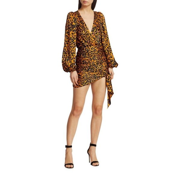 NWT Ronny Kobo leopard animal print statement sleeve faux wrap mini dress, M - Picture 8 of 16